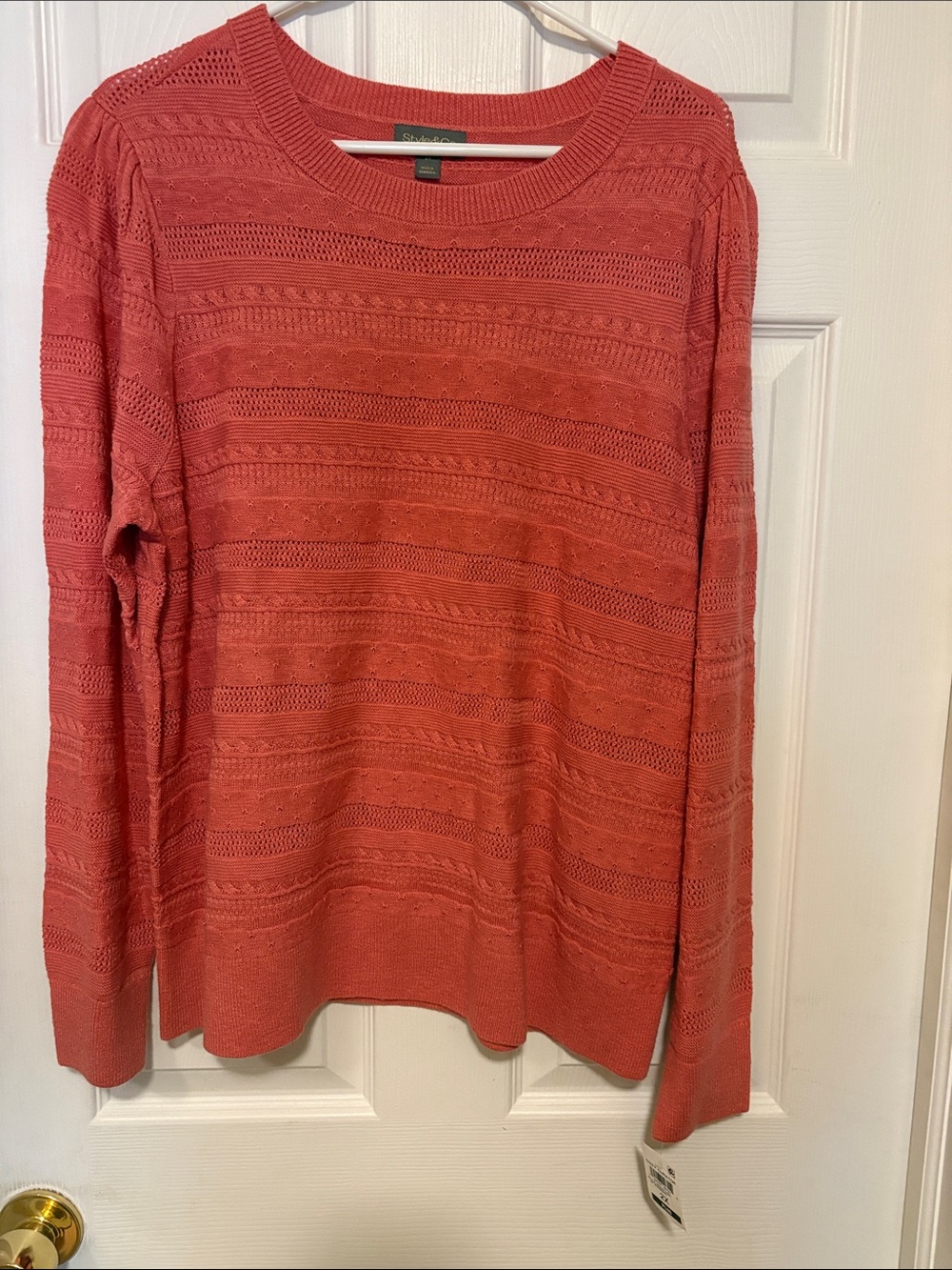 Style & Co. Coral-Red Openwork Crewneck Sweater